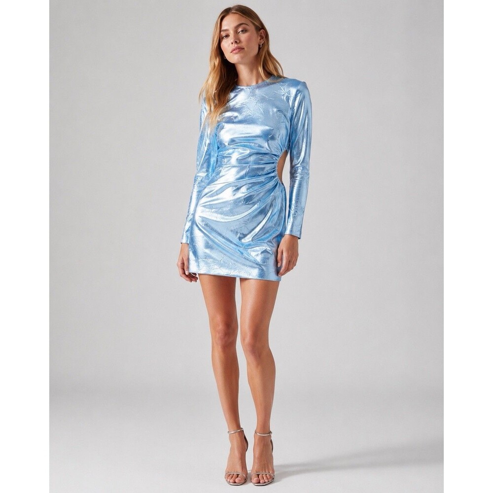 NWT Maje Close-Fitting Satin Dress 36 Metallic Blue Ruched Cutout Party Coquette